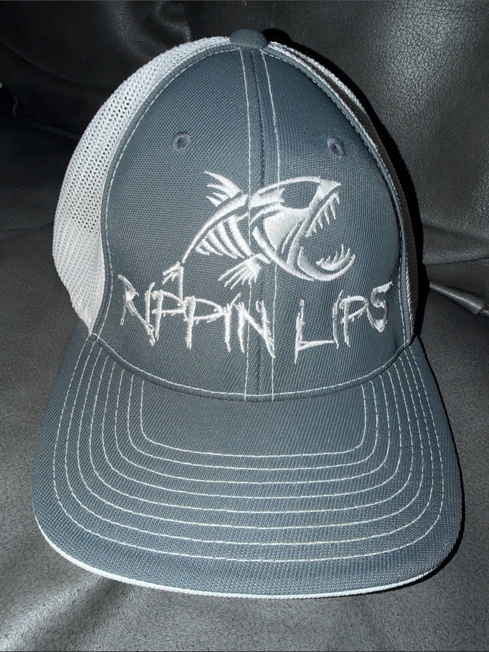 Rippin Lips fishing outdoors pacific cap Men's Gray and White Trucker Hat